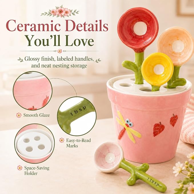 Flower Pot Ceramic Measuring Spoon Set, 5PCS Cute Spoons Cups with Base, Polygons Pink Decorative Teaspoon in Pot Holder, Unique Baking Supplies Gifts, Kitchen Cooking Stuff Gadgets Women(1*Blue)