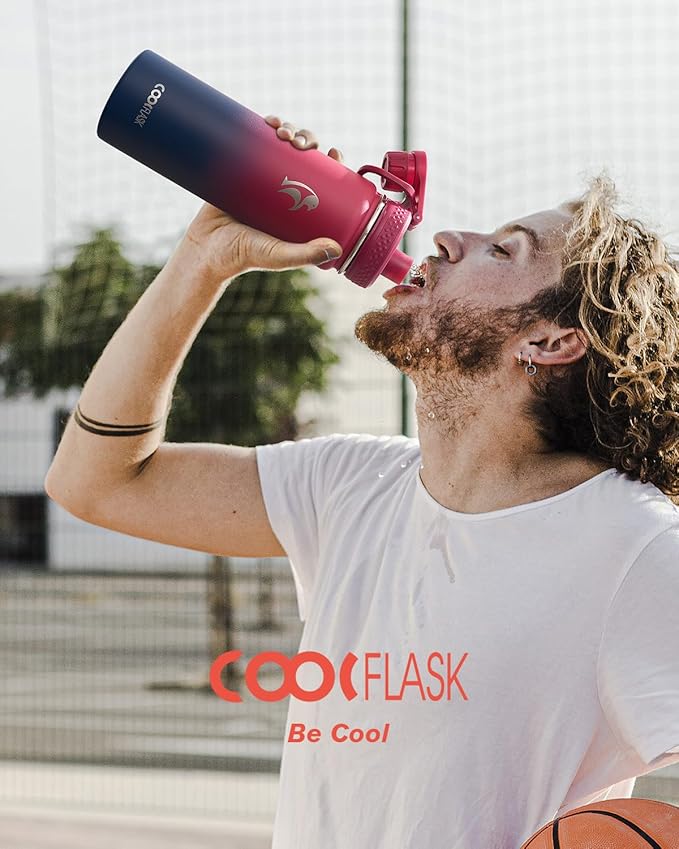 Coolflask Water Bottle 24 oz Insulated with Straw, Stainless Steel Metal 3 Lids Water Flask Wide Mouth for Sports or Office, Non-BPA Keep Cold Up to 48 Hrs or Hot Up to 24 Hrs, Ombre Wine/Navy