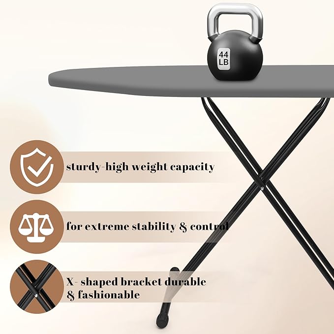 Ironing Board, Compact and Space Saver,Size 13 x 43 | Metal Construction Ironing Boards with Extra Thick Heavy Duty Padded, Stable Structure,Skid Feet, Premium Iron Board (grey)