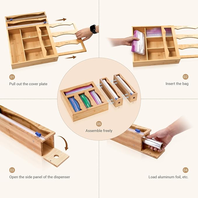 6 in 1 Storage Bag Organizer Kitchen Drawer, Bamboo Foil and Plastic Wrap Dispenser with Slider Cutter, Kitchen Bag Organizer for Quart, Gallon, Sandwich and Snack Bags