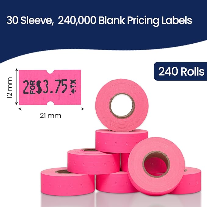 Perco 1 Line Fluorescent Pink Labels - 240,000 Blank Pricing Labels for Perco Lite, X, Plus and Pro 1 Line Price and Date Guns - 240 Rolls, Case of 30 Sleeves - Made in USA