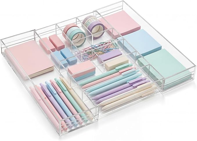 Briwooody 1 Pcs Acrylic Desk Drawer Organizer 9'' up to 17'' x 15'' x 2.1'' Expandable Drawer Organizer Trays with 9 Adjustable Compartments Clear Desk Accessories for Makeup Office Bathroom