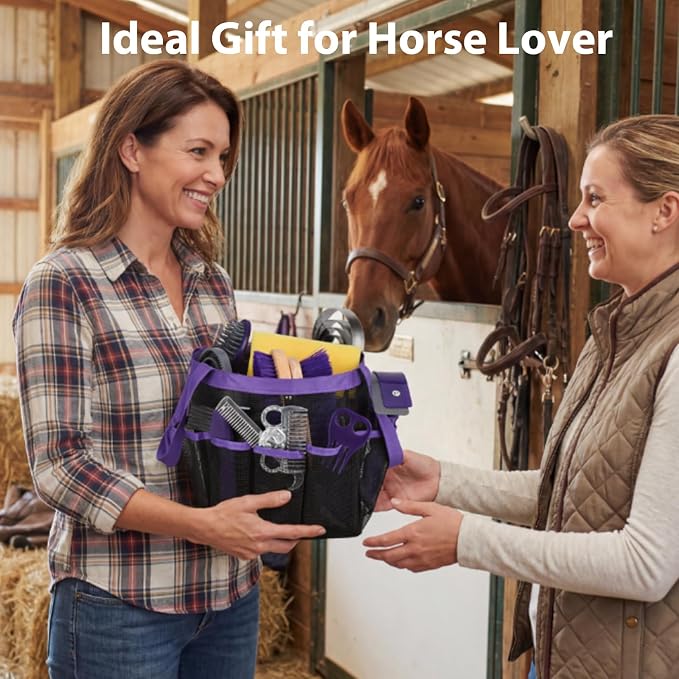 13 Piece Horse Grooming Kit, Complete Horse Brush Set & Curry Comb, Horse Brushes for Grooming with Tote Bag, Tack Room Supplies for Effective Bathing Massaging, Gift for Horses Owners (Purple)