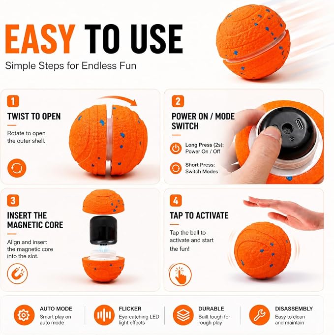 Interactive Dog Toy Ball - Automatic Self-Moving Bouncing Smart Dog Ball with E-TPU Chewproof Material, Motion-Activated 2 Modes, USB Rechargeable, IPX7 Waterproof for Small Medium Large Dogs
