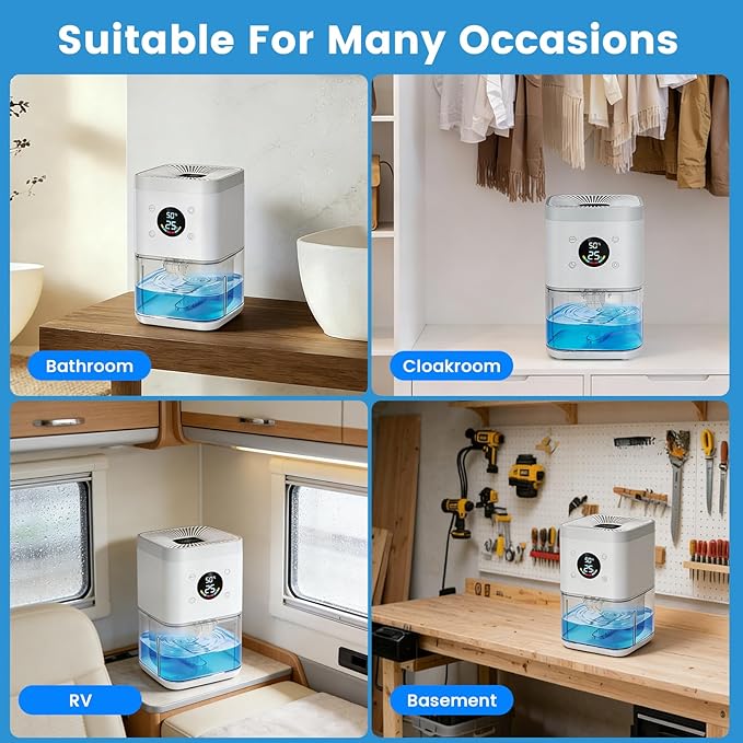 Small Dehumidifier for Bedroom Bathroom, 63OZ Quiet Mini Dehumidifier with Auto Shut Off, Smart Humidity Control, 7-Color Night Light Compact for Closet Office Nursery White