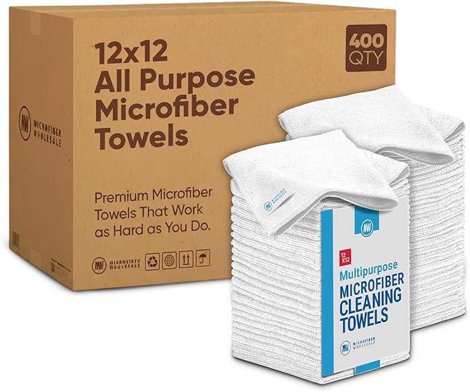 Microfiber Wholesale Bulk 12” X 12” All Purpose Towels Case Quantity (400 Count) | No Fraying | High Density Microfiber | Zero Chemical Cleaner | Long-Lasting (White)