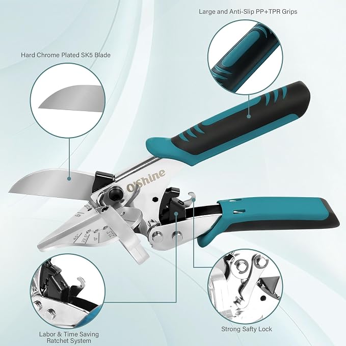O'Shine 22.5 Professional Ratchet Miter Shears Elite, 22.5 45 & 90 Degree Heavy Duty Multi Angle Base Shoe Cutter, 3X Effort Saving Shoe Molding & Quarter Round Cutting Tool, 1 Extra Replacement Blade