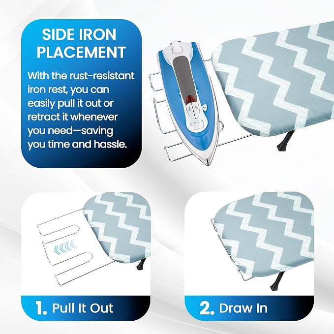 Metal Mesh Panel Tabletop Ironing Board | Foldable Iron Board | Heavy Duty Small Iron Board with Heat Resistant Cover and 100% Cotton 8mm Thicken Pad (Elegant Wave)