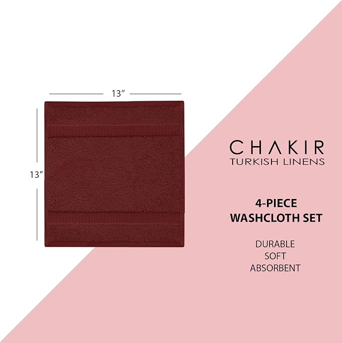 Chakir Turkish Linens 4 Piece Washcloth Set, 100% Cotton Luxury Turkish Washcloths for Bathroom, Soft Absorbent Washcloths, 13 x 13 Inches, Cranberry