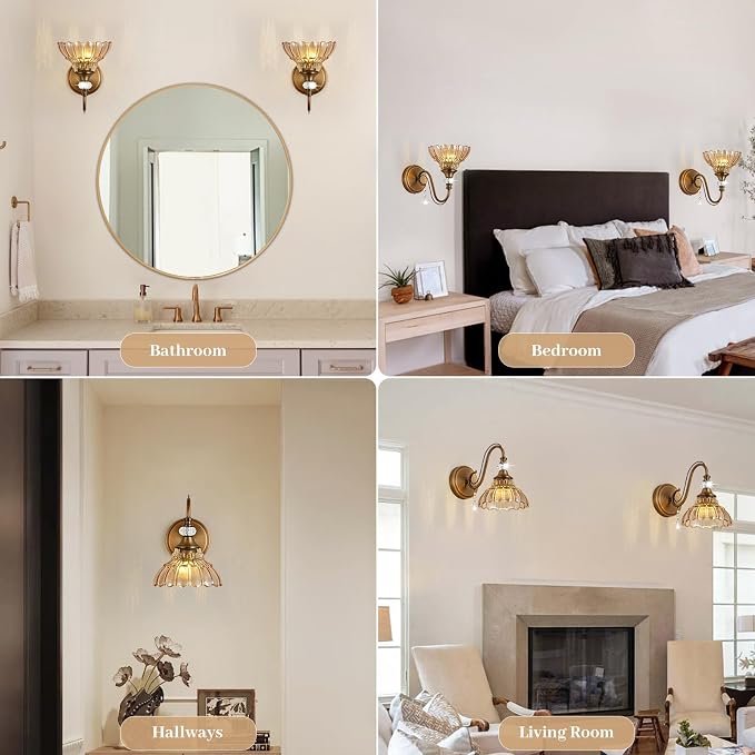 1 Piece Vintage Wall Sconce, 1-Light Matte Antique Brass Finish Wall Sconce with Hanging Crystal Accents and Flower-Shaped Amber Shades for Bathroom Bedroom Living Room,Vintage Vanity Light