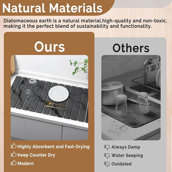 Extra Large Stone Dish Drying Mat for Kitchen Counter, Quick Dry Stone Dishes Mats, Foldable Water Absorbing Diatomaceous Drying Pad for Countertop Bottles Utensils Cups Bathroom(Dark Gray 32"×16"）