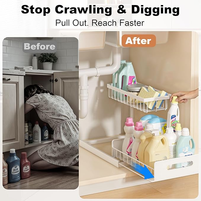 REALINN Under Sink Organizer, Pull Out Cabinet Organizer, 2 Tier Metal Slide Out Shelf with L Shaped Design for Kitchen, Bathroom, Laundry, and Utility Cabinet Storage for Deep Cabinets, White, 2 Pack