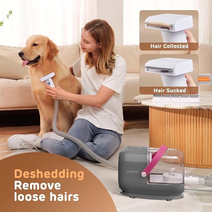 HEAPETS Dog Grooming Vacuum Kit - 3L Vacuum with 7 Tools, Low Noise Electric Clipper and Brush for Pet Shedding at Home, Gray