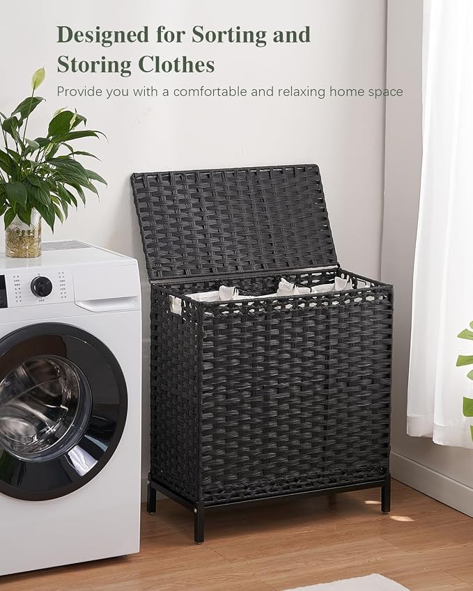 SETVSON Laundry Hamper with Lid, 35 Gal 3-Bag Clothes Sorter, Black | Large Family Laundry Trunk with Lid, 3 Compartment Sorting Liner, 6 Wash Bags, Elevated PE Rattan Bin with Handles