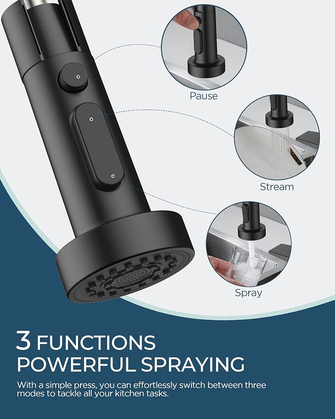 FORIOUS Black Kitchen Faucet with Soap Dispenser, Stainless Steel Kitchen Sink Faucet with Pull Down Sprayer Single Handle Modern Spring Commercial for Laundry Utility Room RV Camp Bar Farmhouse