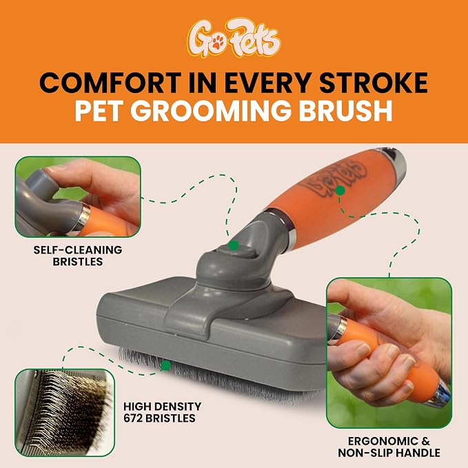 GoPets Self-Cleaning Slicker Brush for Dogs & Cats, Deshedding & Dematting Comb with Retractable Bristles, Undercoat Tool for Long Haired Dogs, Non-Slip Handle, Detangler for Mats & Shedding Fur
