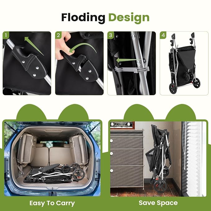 DUMOS 3 Wheels Pet Stroller for Small Dogs and Cats – Foldable Dog Stroller with Mesh Windows, Storage Basket & Cup Holder, Lightweight & Durable Pet Carrier for Travel, Outdoor Use – Black