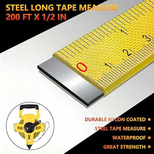 200ft/61m Open Reel Long Tape Measure, 1/2" Nylon-Coated Steel Blade, Dual Inch/Metric Scales, ABS Impact-Resistant Case for Construction, Surveying, Yellow