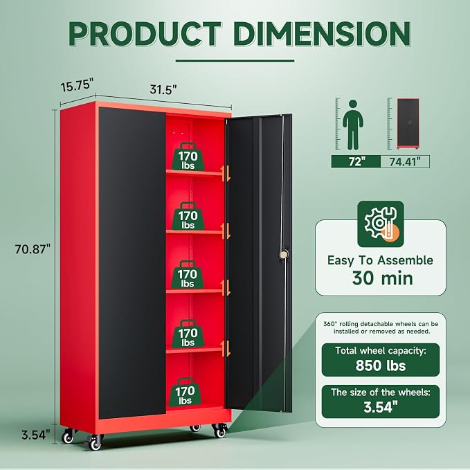 Metal Garage Storage Cabinets with Lock Door and Adjustable Shelves, Steel Tool Cabinets for Home,Office,Warehouse Organisieren (Black Red, 75" H)