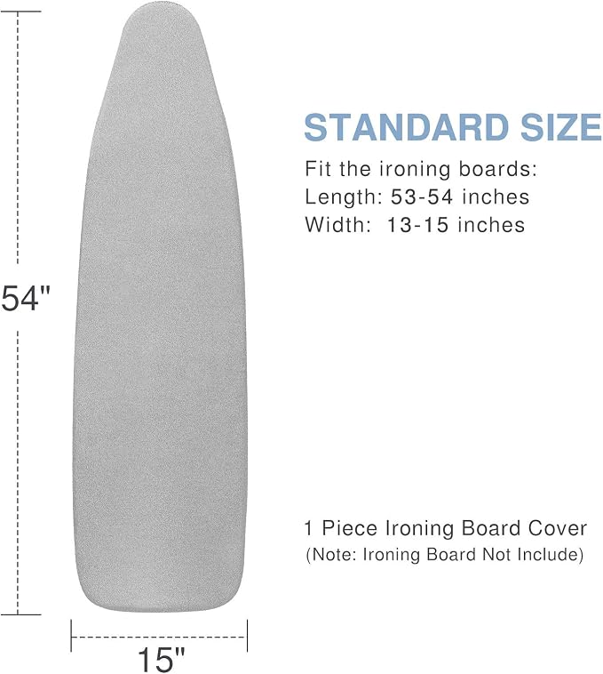 VividPaw Ironing Board Cover and Pad, Standard Size 15x54, Thick Padding, Elastic Edge, Silicone Coated, Resist Scorching, Adjustable Fastener, Heavy Duty Padded Iron Board Covers (Grey)