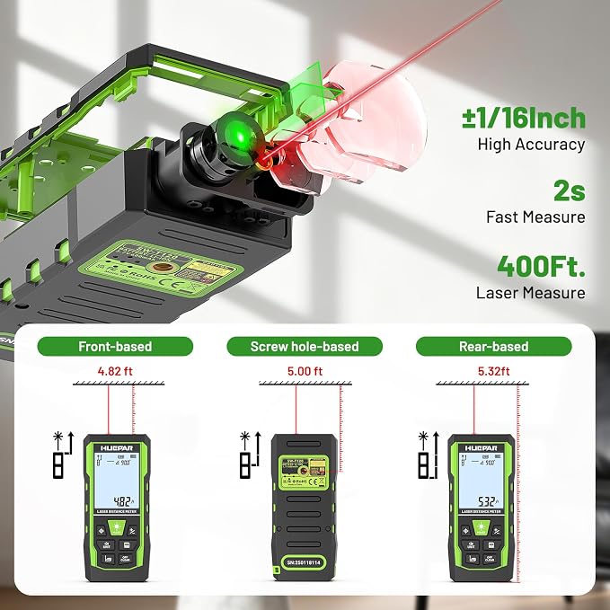 Huepar 3-in-1 Laser Measuring Tool, 400Ft Laser Measure & 33Ft Green Cross Line Laser Level & 6.5Ft Tape Measure, Rechargeable, Voice Broadcast, Multi-Mode, Rugged for Construction &Home Use, SW-T120