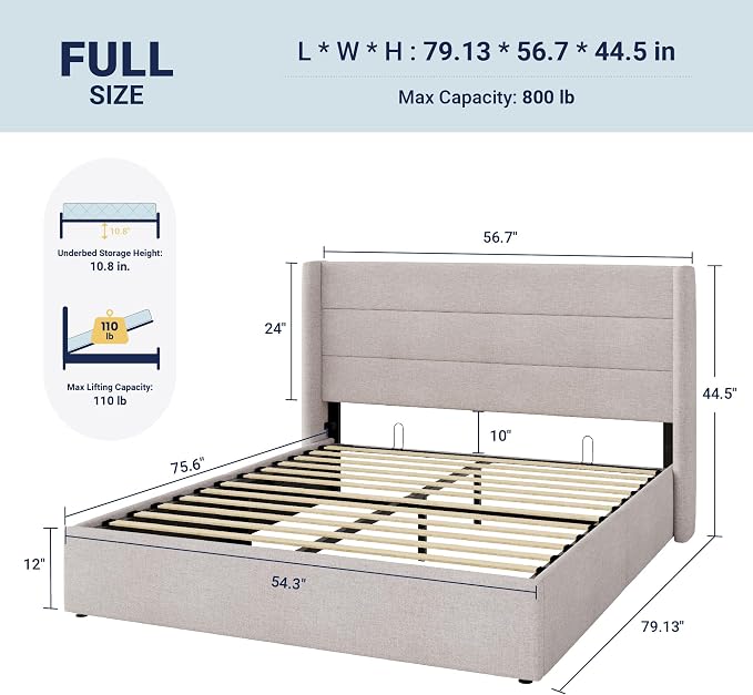 Allewie Full Size Lift Up Hydraulic Storage Bed Frame Light Beige | Modern Wingback Headboard, Hydraulic Support Storage, No Box Spring Needed