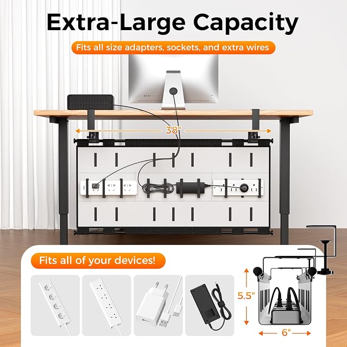 Cable Management Tray Under Desk, 38" No Drill Standing Desk Cable Organizer with Clamp/Screw Mount,Wire Cord Organizer for Table, Cable Tray for Office, Home