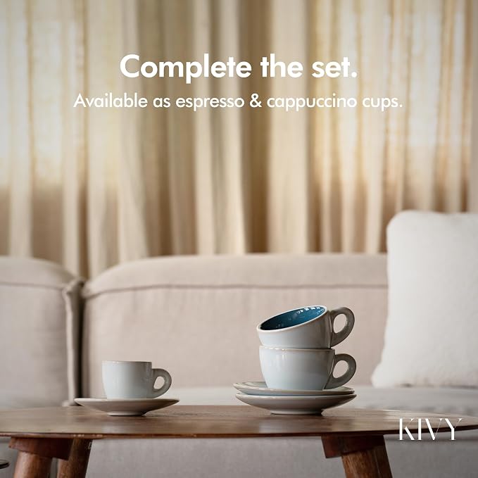 KIVY Cappuccino cups set of 4 [8oz] - Thick-walled stoneware cappuccino cup set for latte art - Latte mugs - Latte cups - Coffee mug - Latte art cup - Ceramic latte cup and saucer set of 4 - Blue