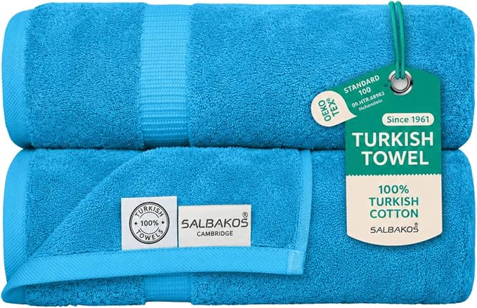 SALBAKOS 2-Piece 100% Turkish Cotton Bath Towels, X-Large 35x70, Aqua Blue | Oversized Bath Sheet Towel for Bathroom & Beach, Thick, Super Soft, Highly Absorbent, Premium Hotel Quality, Made in Turkey