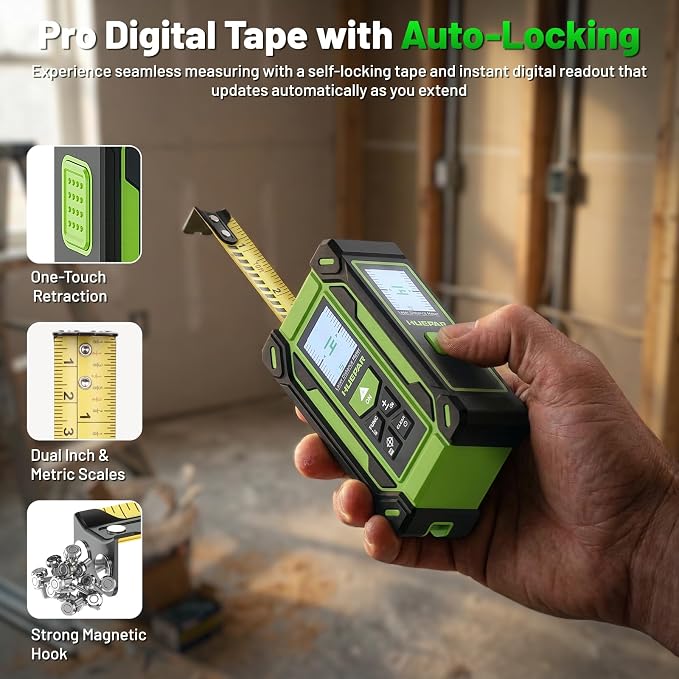 Digital Laser Tape Measure 4-in-1, HUEPAR ±1/16" Laser Measure with Dual HD Display, 200Ft Rechargeable Laser Measurement&33Ft Green Cross Line Laser&10Ft Tape, for Area/Volume/Pythagorean/Leveling