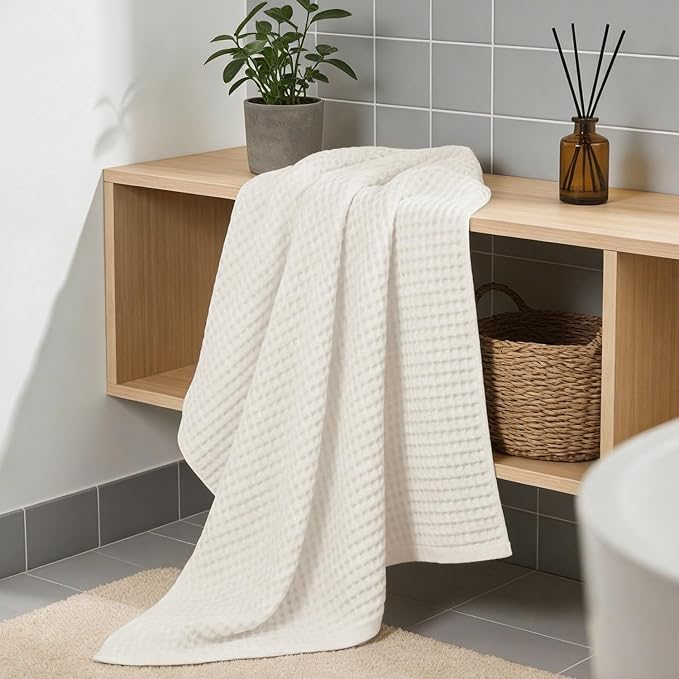 Waffle Bath Towels Set of 2 (Mist White) – Cotton, Quick Dry, Low Lint | 31” x 62” Large Towels for Bathroom Shower Spa Pool