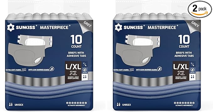 SUNKISS Masterpiece Adult Diapers with Tabs, Unisex Disposable Incontinence Briefs for Women and Men, Odor Control, Grey, L/XL, 10 Count (Pack of 2)