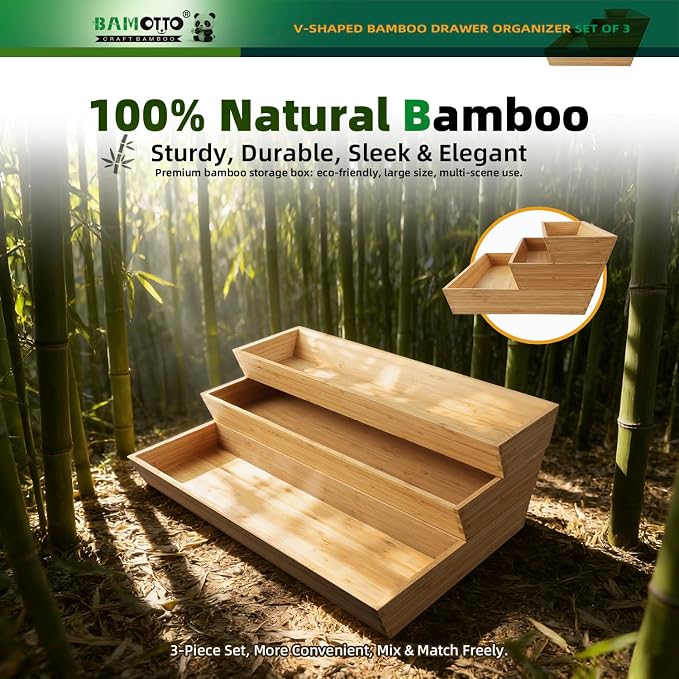 BAMOTTO CRAFTBAMBOO V-Shaped 3-Pack 19.6" Long Bamboo Drawer Organizer Box - Easy Reach Cutlery Tray for Flatware Silverware Utensil, Kitchen & Home Use (19.6"x5.7"/19.6"x7.8"/19.6"x12.4")