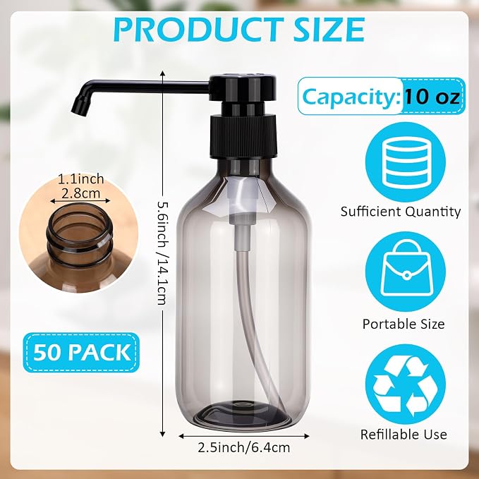 50 Pack Plastic Soap Dispenser Bulk Empty Pump Bottles Dispenser with Long Pump 10 oz Refillable Dish Soap Hand Washing Bottles Lotion Bottle for Kitchen Bathroom(Transparent)