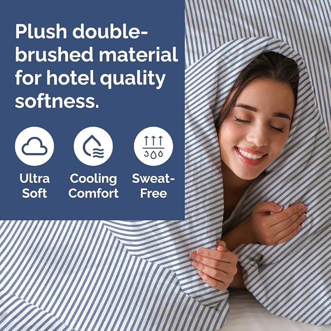 Duvet Cover Cal King Size Set - Extra Soft Cal King Duvet Cover 104" x 98" with 2 Pillow Shams for Women, Men, Kids & Teens - Comfy, Breathable, Hotel Luxury w/ Zipper Closures & Ties (Blue Stripes)