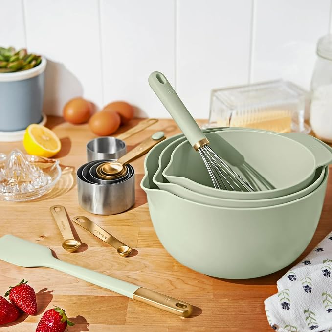 14 Piece Mixing Bowl and Measuring Set, Nesting Kitchen Prep Set with Measuring Cups Spoons Whisk Spatula, BPA Free Dishwasher Safe Baking Set (Sage Green)
