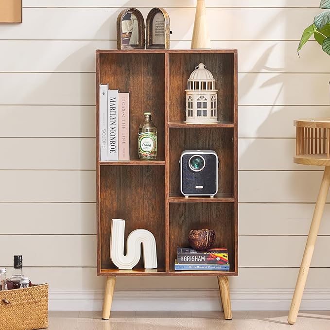 LEYAOYAO 5 Cube Bookshelf, Mid-Century Modern Book Shelf with Legs, Brown | 3 Tier Bookcase, Rustic Wood Bookshelves Freestanding Small Storage Organizer, Open Shelves for Bedroom, Living Room, Office