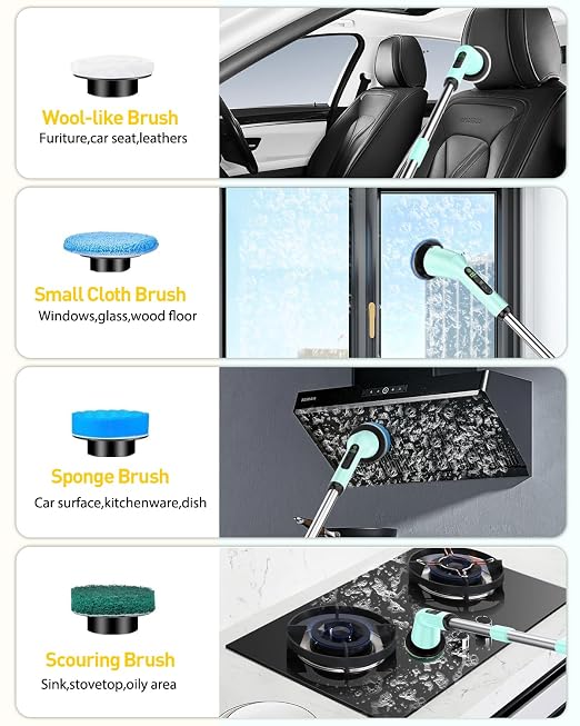 Shower Scrubber with Long Handle, Bathroom Cleaner Brush with 8 Floor Machine Pads, Cordless Electric Spin Scrubber for Cleaning with 2 Speed, Cleaning Supplies for Bathtub Kitchen Floor Mint