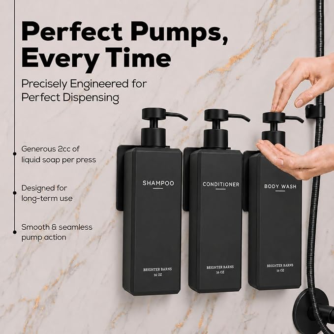 Black Shampoo and Conditioner Dispenser Set Wall Mounted by Brighter Barns - Shampoo Conditioner Body Wash Dispensers - No Drill Shower Soap Bottles for Hotel, RV, Spa, Airbnb, Vacation Rental (Black)