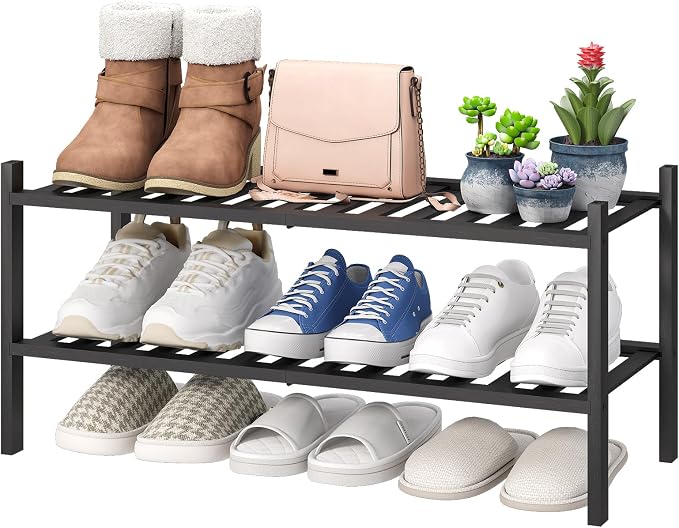 viewcare 2-Tier Black Bamboo Shoe Rack for Entryway, Stackable | Foldable | Natural, Shoe Shelf Storage Organizer for Hallway Closet, Free Standing Shoe Racks for Indoor Outdoor