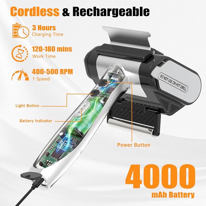 Electric Grill Brush, BBQ Grill Cleaner for Outdoor Grill with LED Light Removable 304 Stainless Steel Brush Head Cordless Grill Cleaning Brush 150 Mins Runtime No Bristle Shedding for Barbecue Grates
