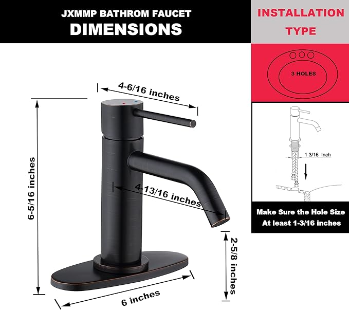 Oil Rubbed Bronze Bathroom Faucets Single Hole with 6 inch Deck Plate, JXMMP 1 Handle Rubbed Bronze Faucet for Bathroom Sink with Pop Up Drain and Water Faucet Supply Lines
