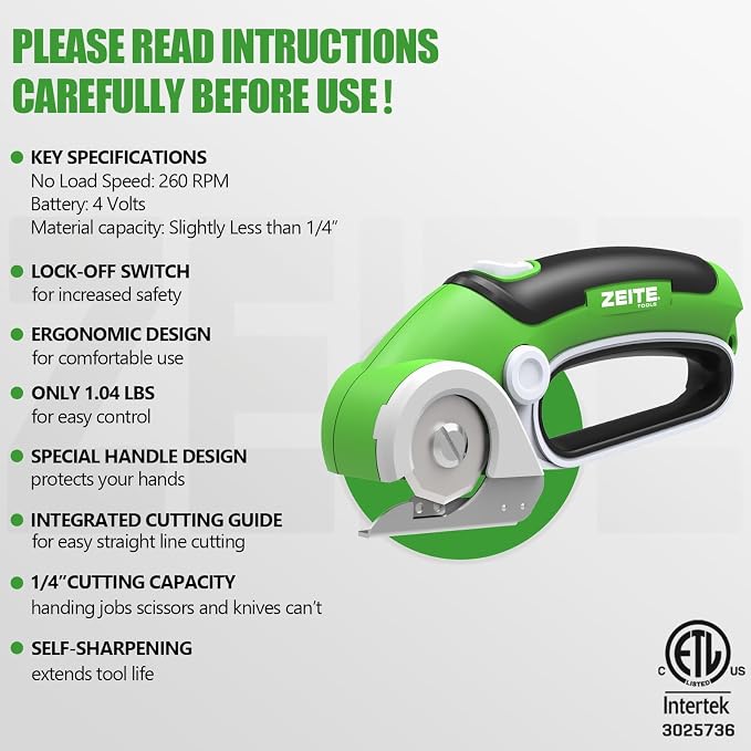 ZEITE 4V Cardboard Box Cutter,Cordless Electric Scissors,Max Cutting 1/4",Ideal for Cardboard,Thin Carpet & Plastic Recycling,Easy to Hold and Safe,Green