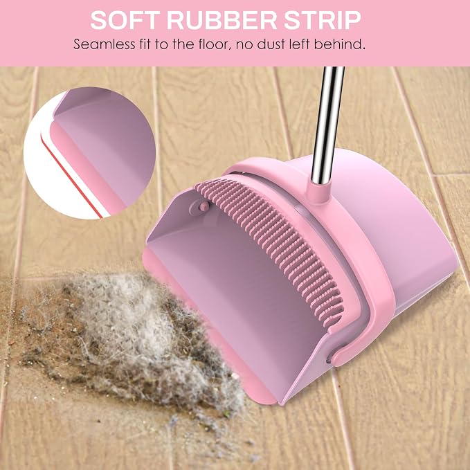 Broom and Dustpan Set for Home, 51-in Long Adjustable Handle Angle Broom and Dustpan Combo Set with Dust Pan Teeth to Clean Hair for Home Kitchen Office Lobby Floor Garden, Pink