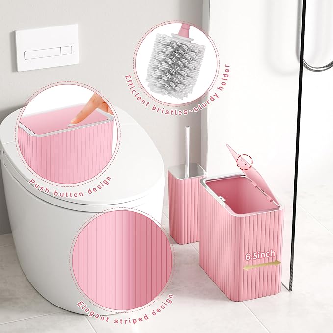 Bathroom Accessory Set - Bathroom Set, 12PC Bathroom Accessories Set, Pink Bathroom Accessories Set, Mini Trash Can, Toilet Brush, Trash Can & Soap Dispenser