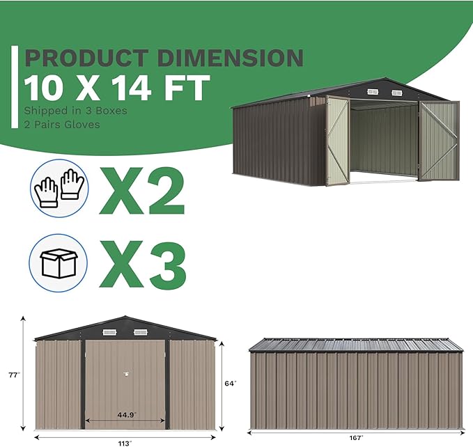 Patiowell 10x14 FT Storage Shed, Outdoor Metal Steel Garden Shed with Lockable Door and Sloping Roof, Large Outside Utility Tool Sheds for Backyard Garden Patio, Brown