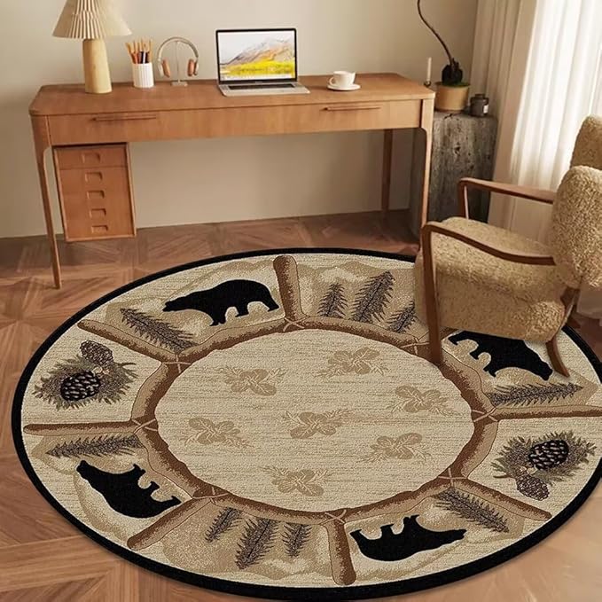 Rustic Lodge Cabin Bear Round Area Rug for Living Room Retro Pine Cone Splice Circle Rugs Nursery Room Decor Floor Carpets 6ft