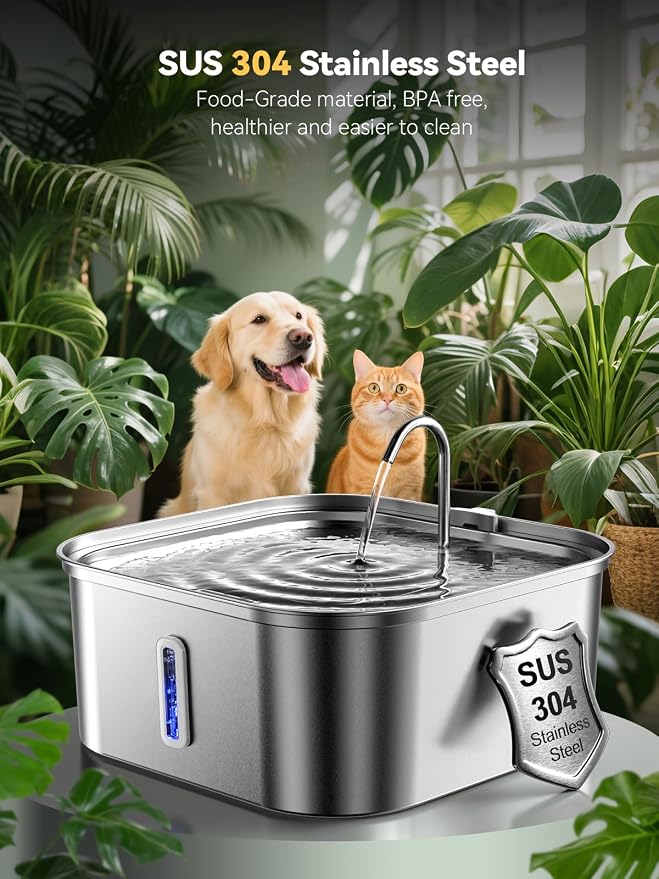 Large Dog Water Fountain 14L/3.7Gal, Stainless Steel Pet Fountain for Large Dogs and Multi-Pets Families, Visible Window & Extra Wide Drinking Area, Enlarges Capacity & Saves Space (with 7pcs Filters)