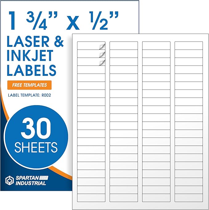 1.75" X 0.5" Matte White Return Address Labels (30 Sheets, 2400 Stickers) Mailing Labels for Envelopes, File Folder Stickers for Laser & Inkjet Printers - Spartan Industrial Template R002