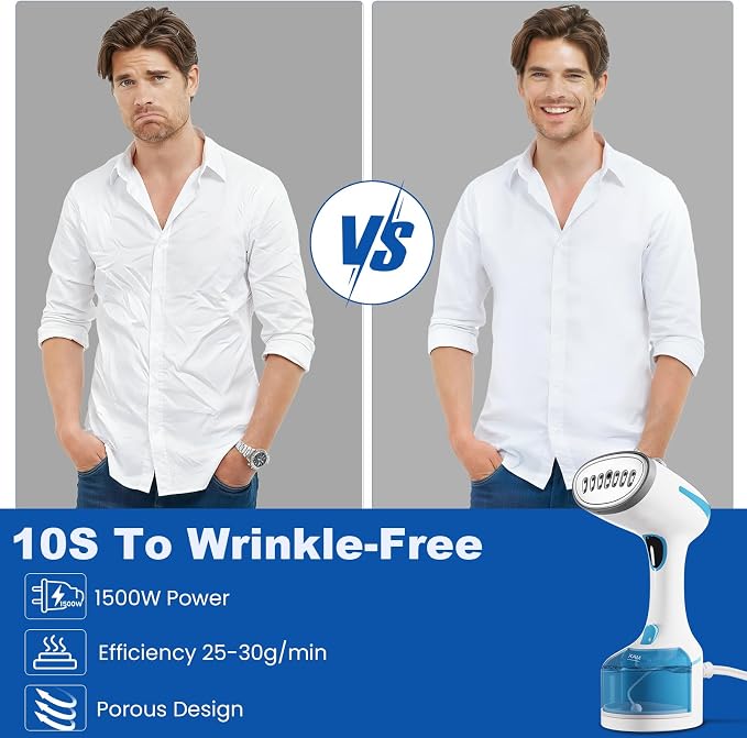 DBC Travel Steamer for Clothes 1500W, 250ml Water Tank,20S Fast Heat-up Portable Handheld Steamer for Clothes, 2 in 1 Fabric Wrinkle Remover with Fabric Brush,Ideal for Home, Office, Travel
